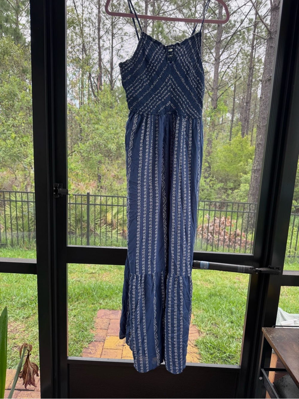 Navy Patterned Women's Jumpsuit with Spaghetti Straps